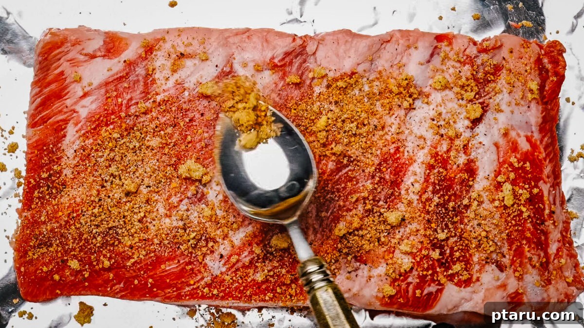 Sweet Dry Rub for Ribs: Flavorful BBQ Seasoning 6 Dry rub for ribs pressed into the meat before baking.