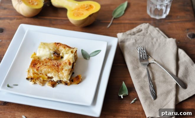 17 Comforting Butternut Squash Recipes for Fall Dinners 6 Slice of roasted squash lasagna layered with cheese on a plate.
