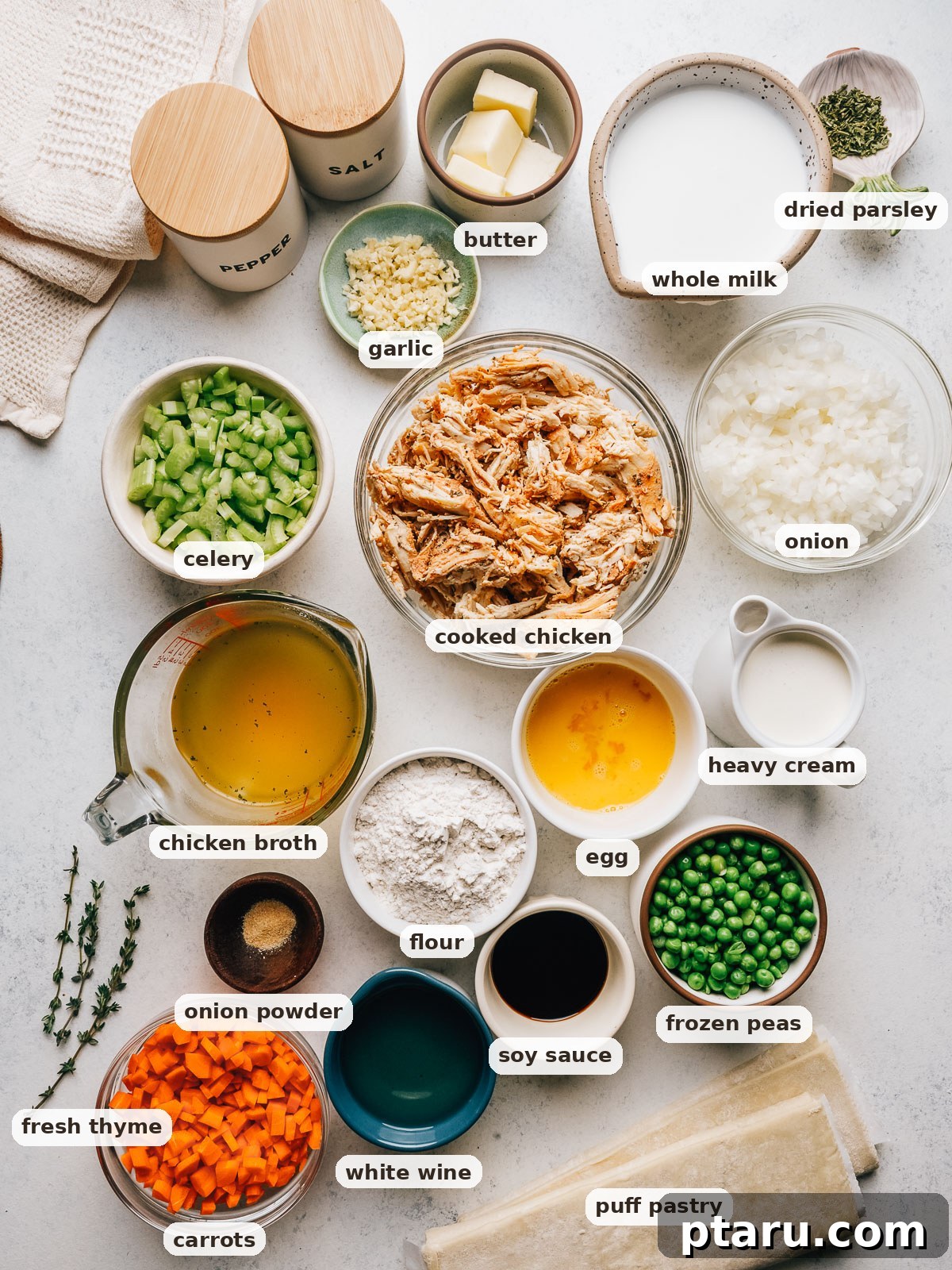 Creamy Chicken Pot Pie Casserole with Flaky Puff Pastry 3 Labeled ingredients for chicken pot pie casserole, including shredded chicken, diced vegetables, broth, cream and puff pastry.