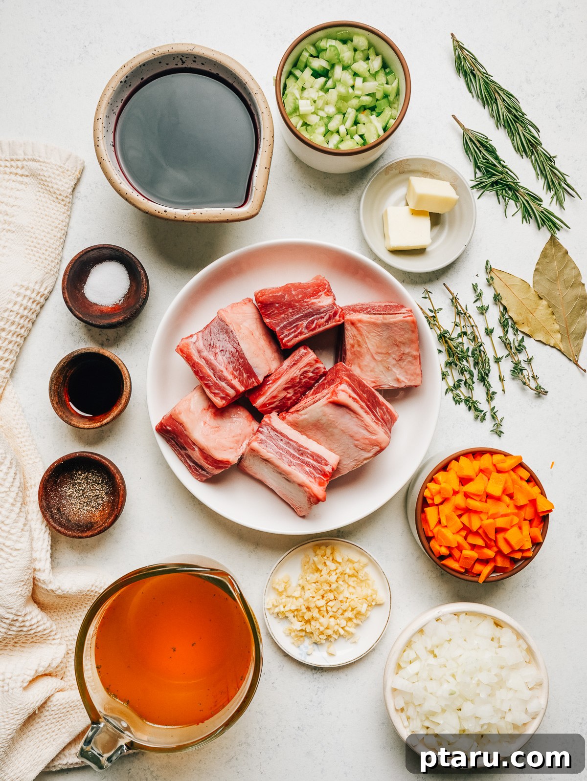 Red Wine-Braised Beef Short Ribs That Fall Apart 3 Ingredients for braised beef short ribs, including bone-in short ribs, red wine, beef broth, vegetables and fresh herbs.
