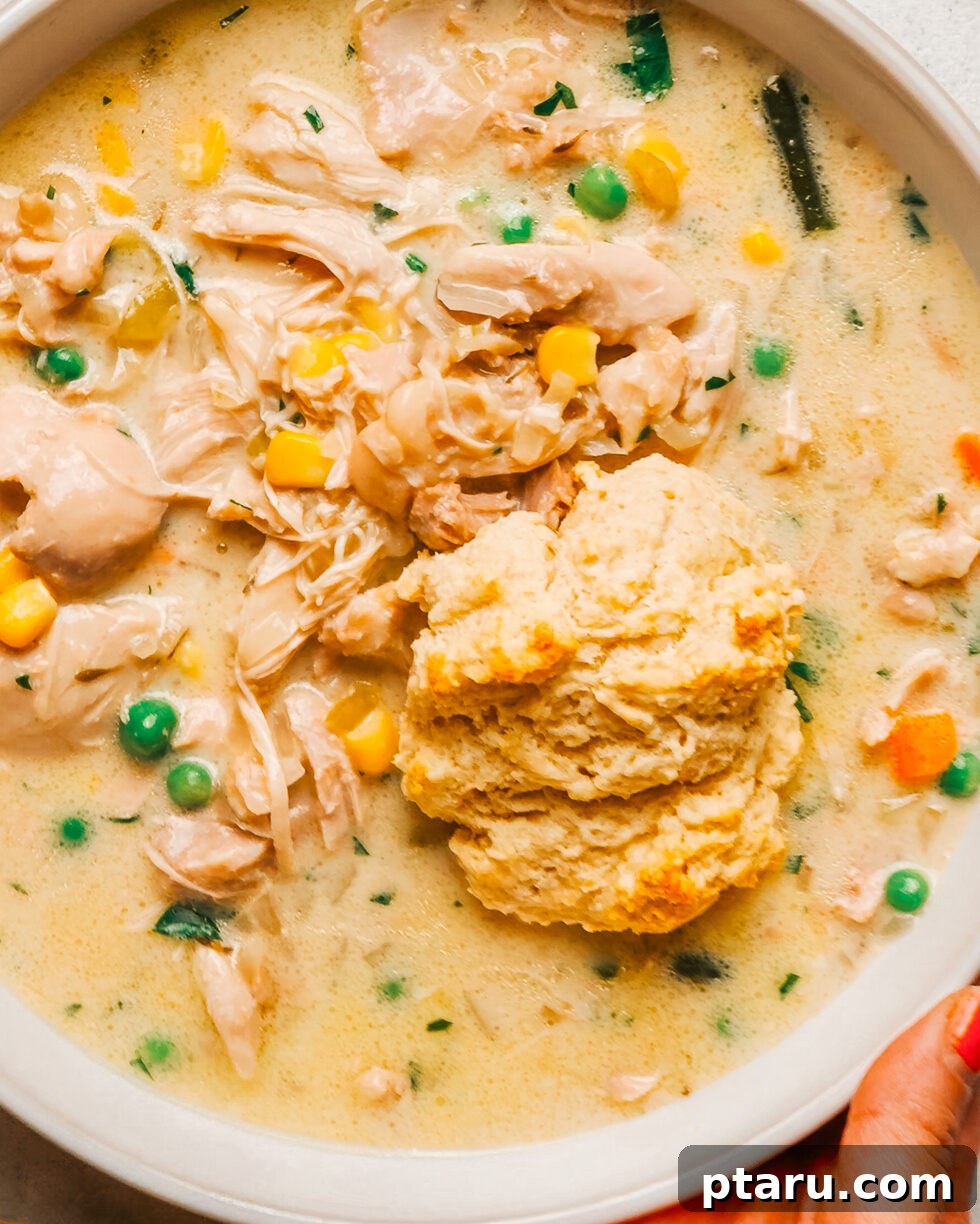 Slow Cooker Chicken Pot Pie with Drop Biscuits 2 Crock pot chicken pot pie in a white bowl topped with a golden buttermilk drop biscuit.