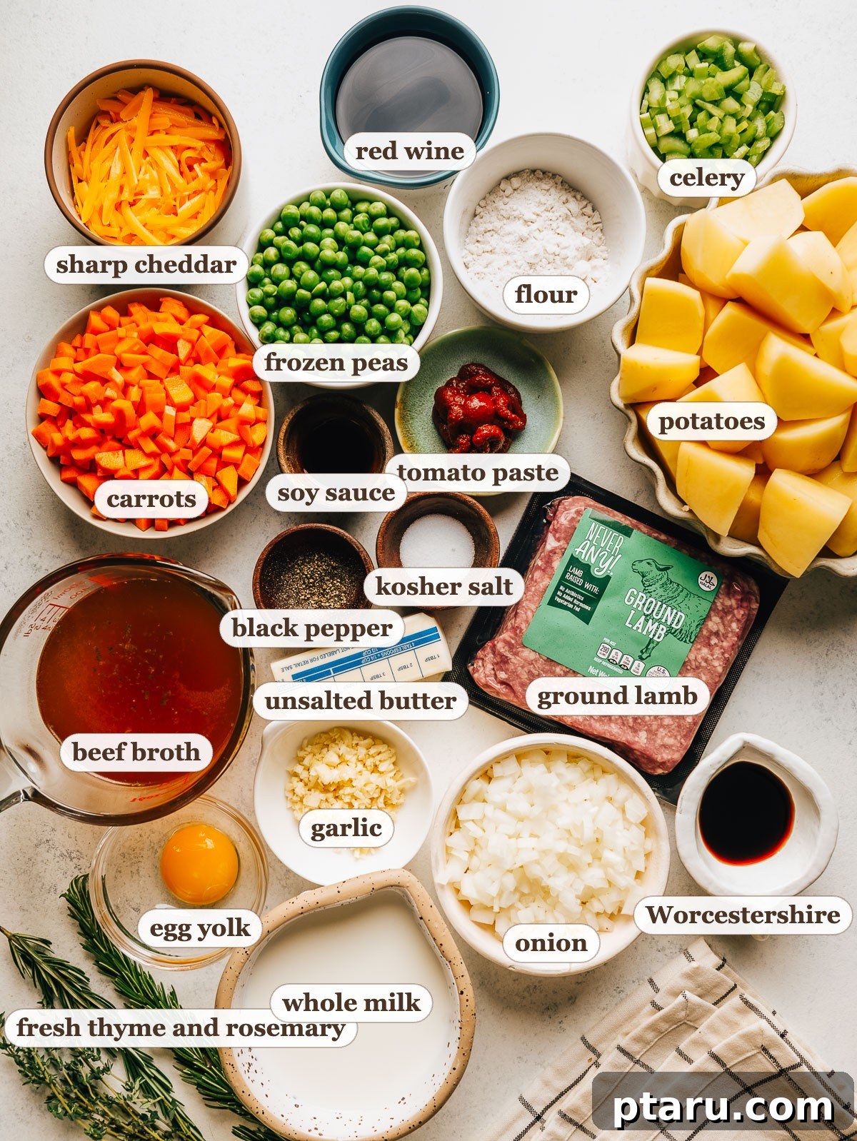 Classic Shepherd's Pie with Ground Beef or Lamb 3 Labeled shepherd's pie ingredients, including ground lamb, potatoes, carrots, onion, celery, peas, beef broth and cheddar.