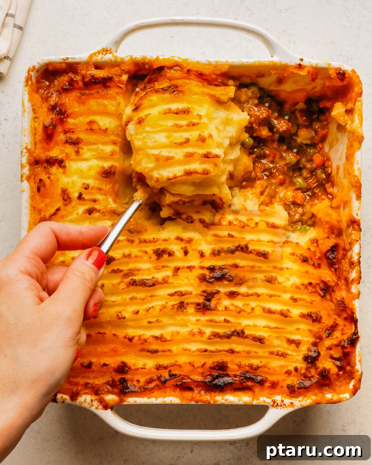 Classic Shepherd's Pie with Ground Beef or Lamb 4 Baked Shepherd's pie with a spoonful being removed.