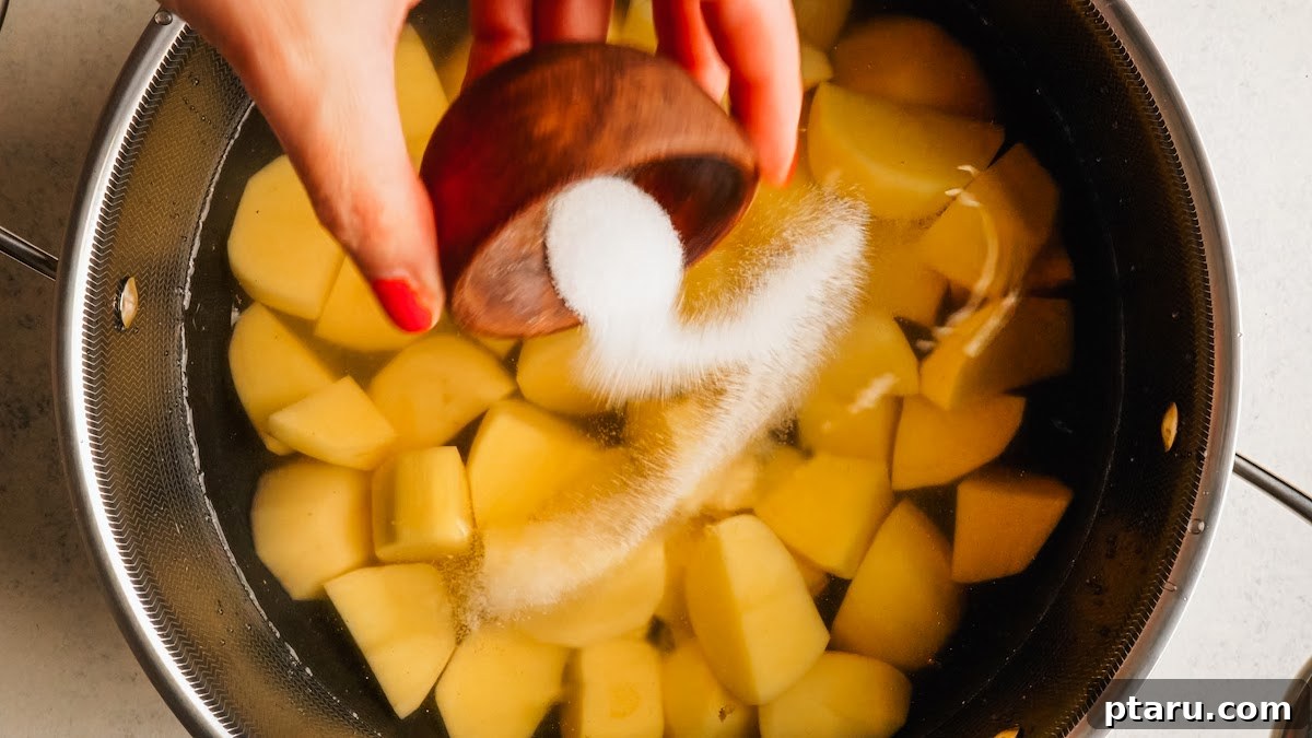 Classic Shepherd's Pie with Ground Beef or Lamb 5 Salting a pot of cold water before boiling the potatoes.