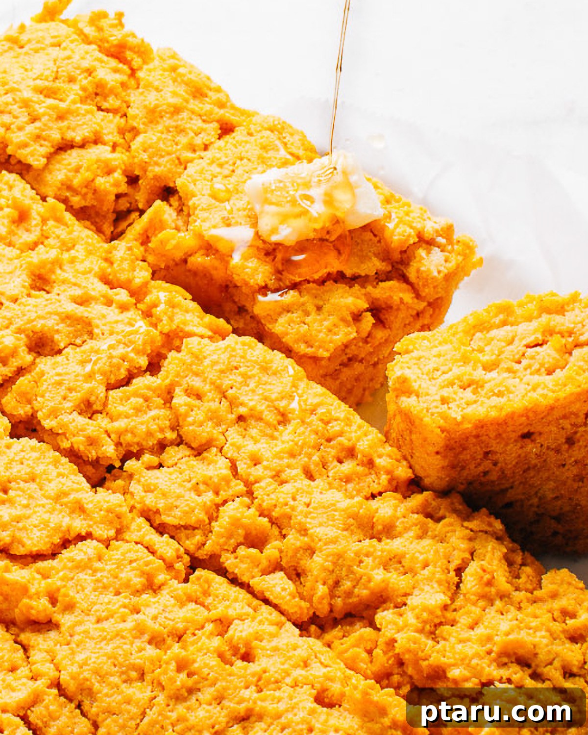 How to Make Moist Sweet Potato Cornbread 2 Squares of sweet potato cornbread topped with melting butter.