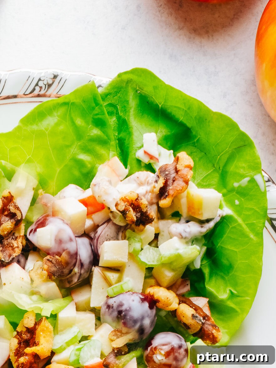 Classic Waldorf Salad with Apples, Grapes, and Walnuts 9 Close-up of creamy apple salad with grapes, celery and toasted walnuts in a butter lettuce cup.